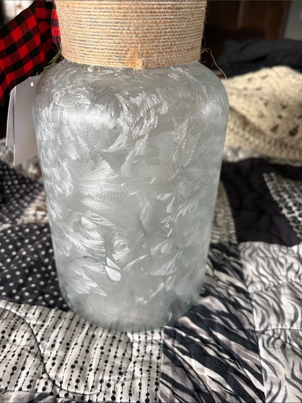 audrey Red Cardinal Holiday Decorative Jar with Plaid Ribbon light up luminary